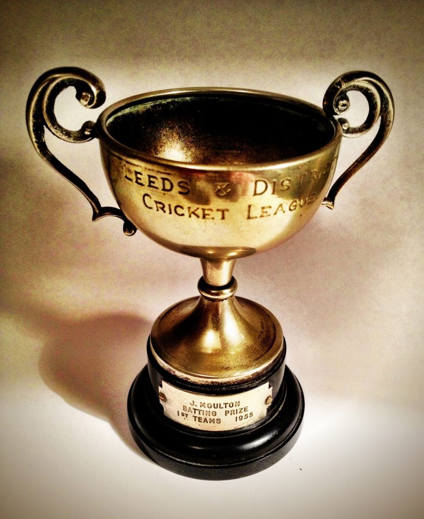 Leeds and District Cricket League cup engraved J. Moulton, Batting Prize, 1955