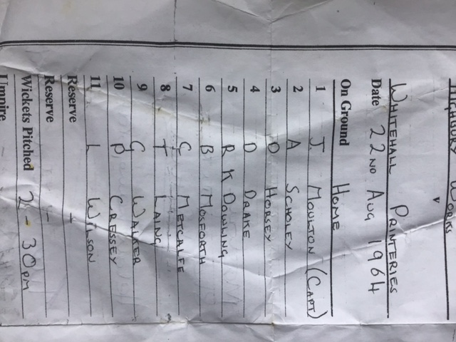 Team Sheet: Highbury Works v Whitehall Painteries, 22 August 1964